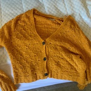 mustard cropped button up sweater